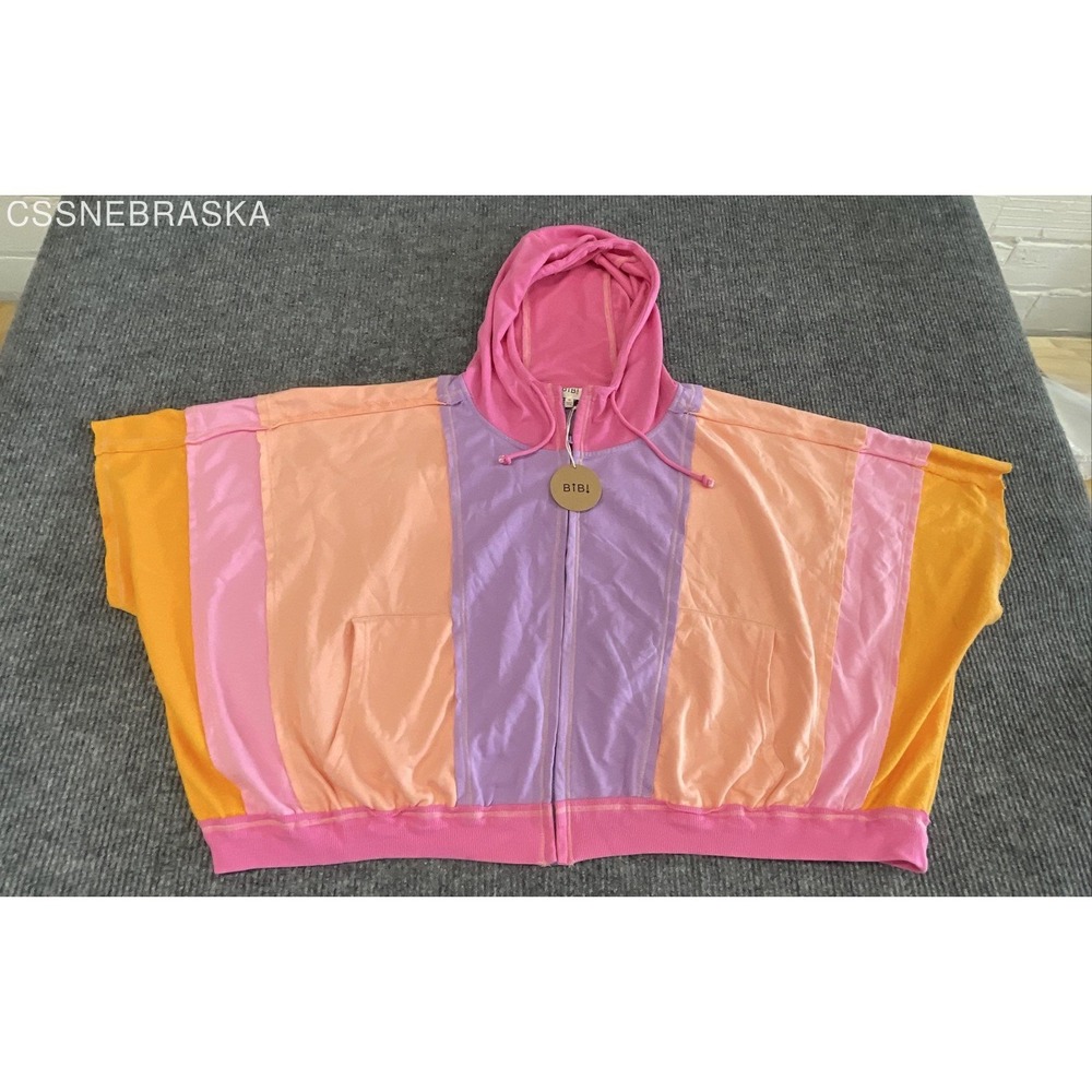 BiBi Women's Multicolor Colorblock Short Sleeve Zip Up Hoodie 1X NWT